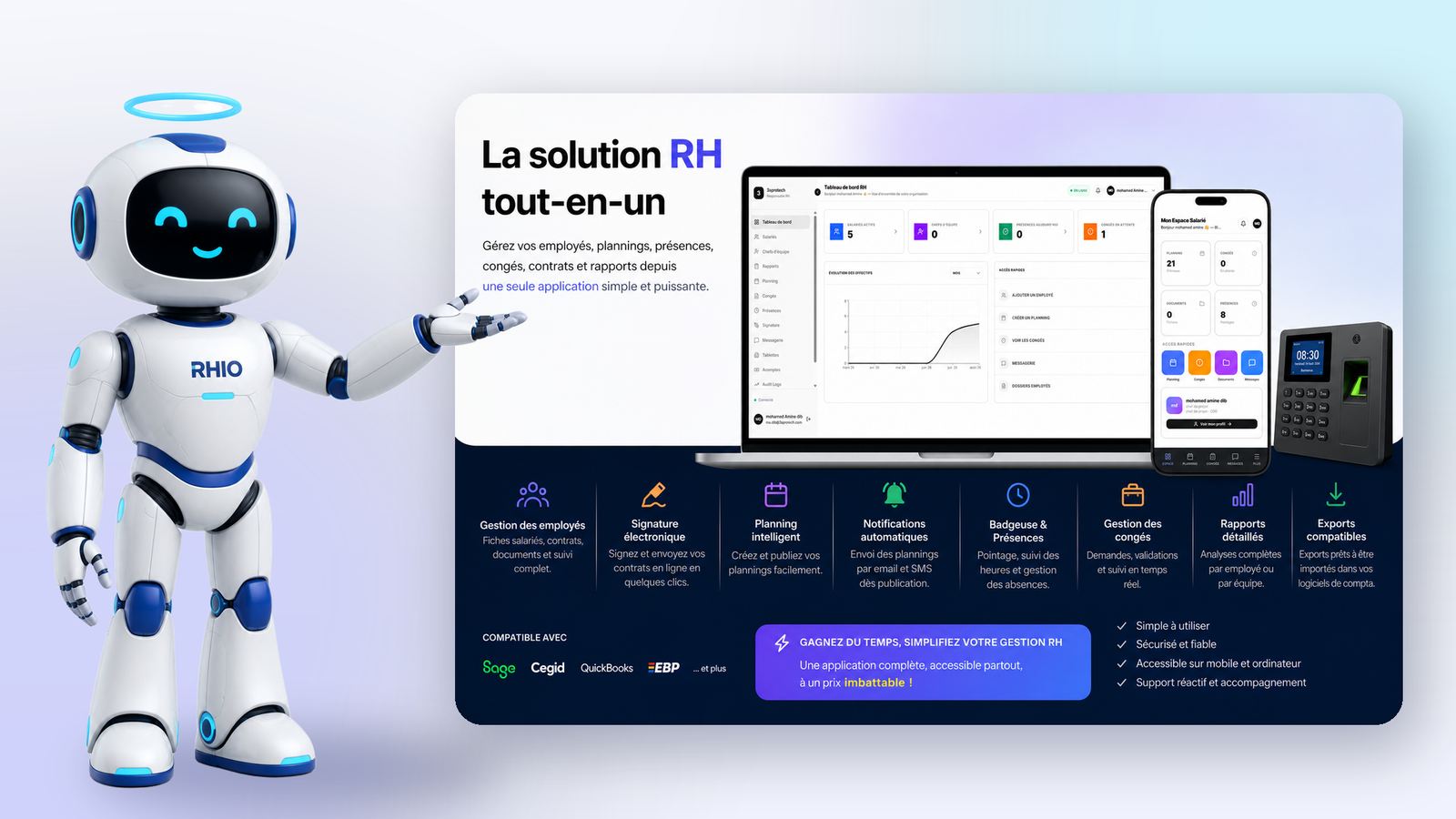 RHIO, le robot assistant RH, présente le tableau de bord et toutes les fonctionnalités de l'application RH
