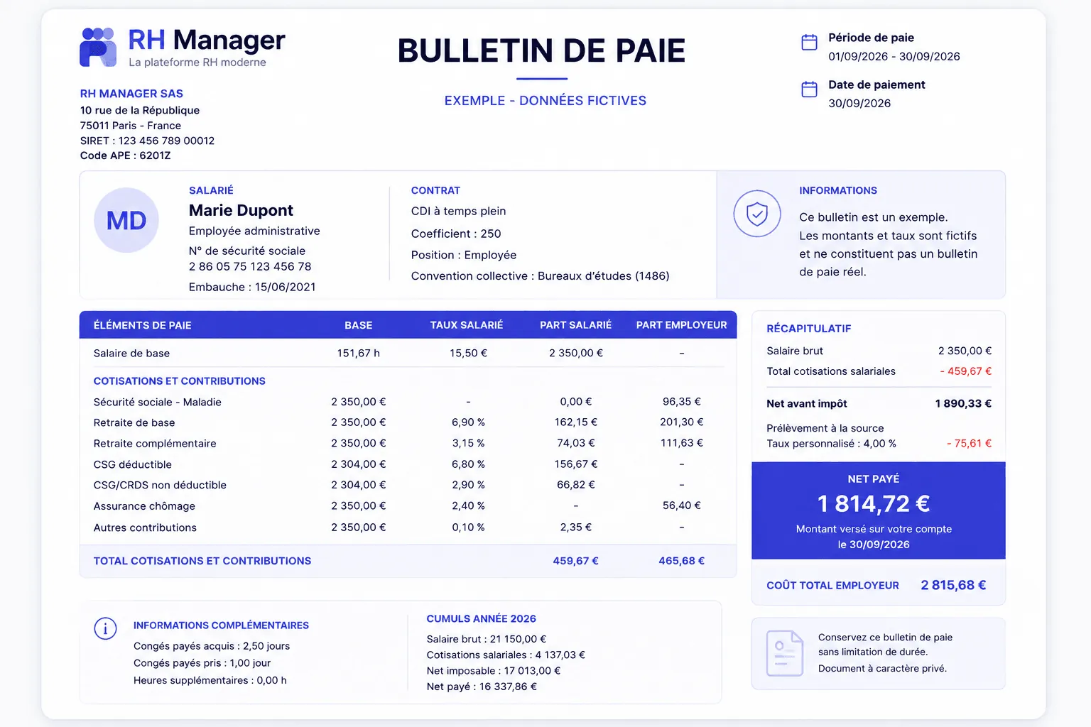 Exemple de bulletin de paie — données de démonstration